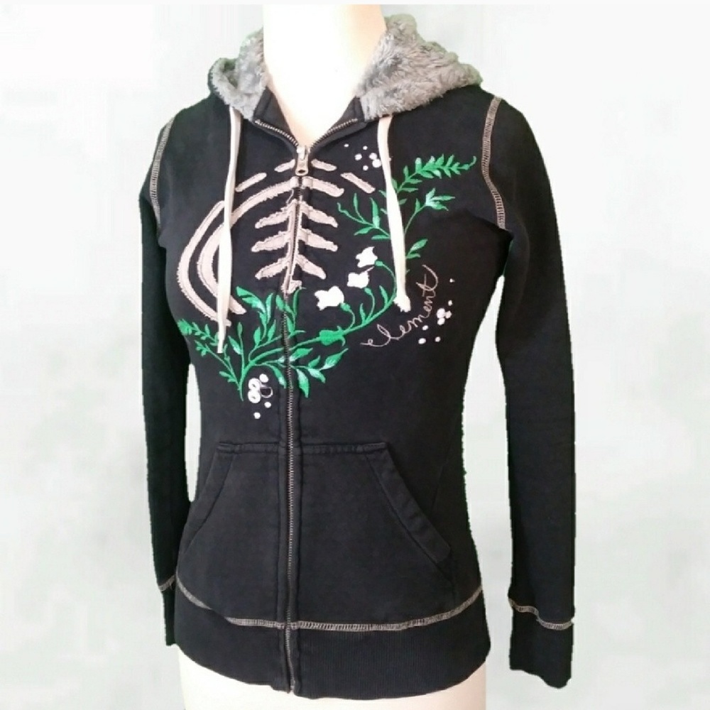 Black Zippered Hoodie Jacket with Fur Trim